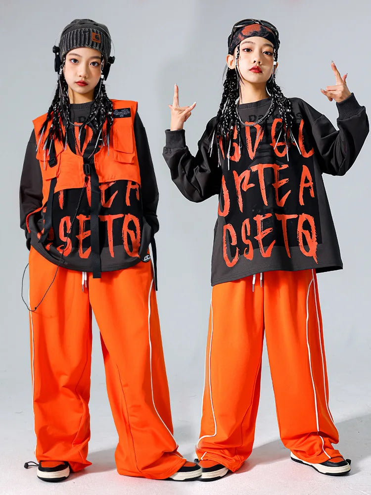Boys Hip Hop Cool Sweatshirt Vest Cargo Pants Girls Fashion Jazz Street Dance Costume Children Clothes Set Kids K-pop Streetwear