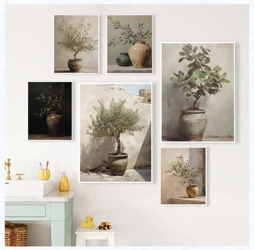 Vintage Minimalist Wall Art Italy Olive Tree in Vase Canvas Painting Poster Prints Still Life Botanical Antique Home Room Decor