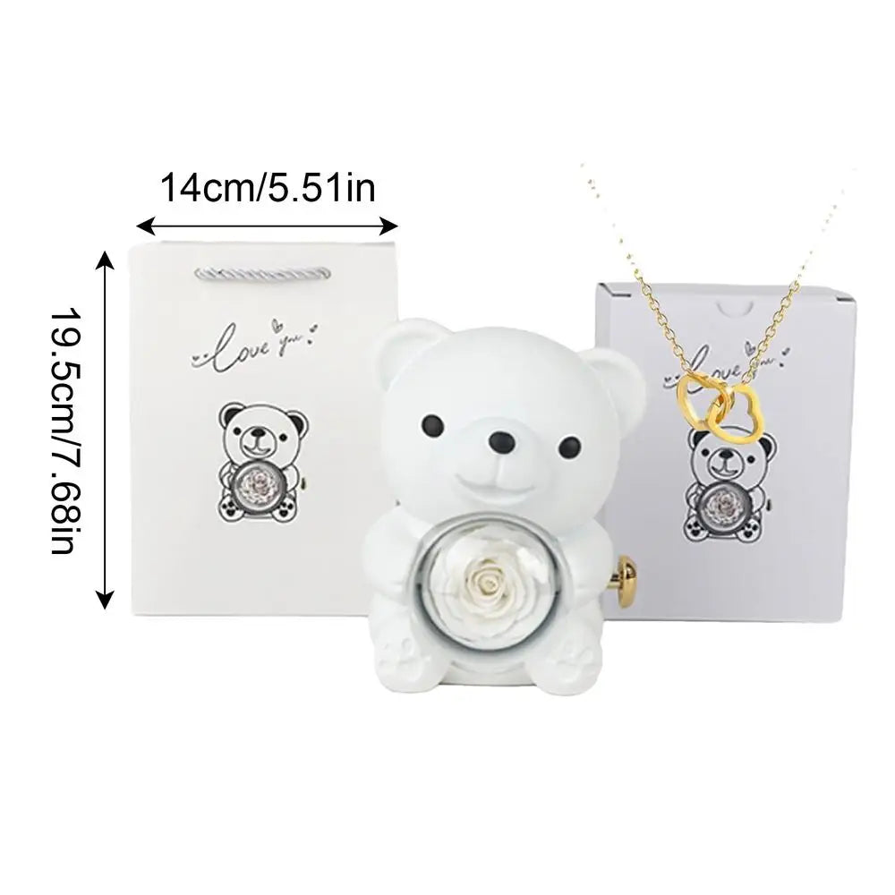 Bear Necklace Case Romantic Bear and Rose Jewelry Box Hug Bear Decoration Necklace Box Rose and Rotating Bear Case with Double
