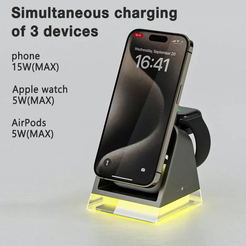 3 in 1 LED Light Magnetic Wireless Charger for iPhone 15 14 13 12 Pro Max iWatch 8 7 Airprods Pro Fast Wireless Charging Station