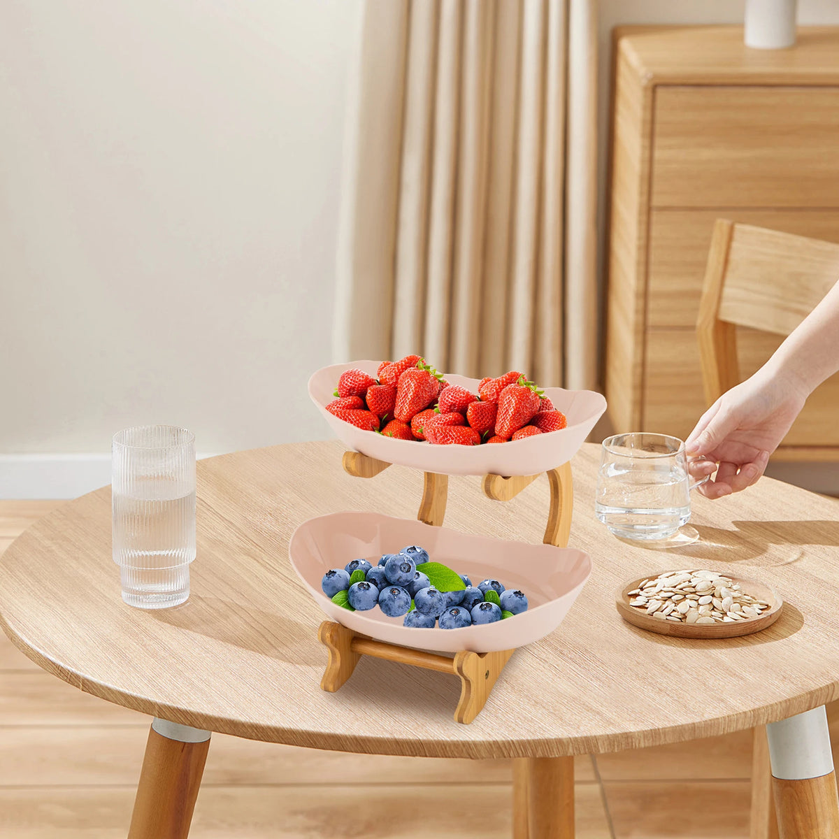 2 Tier Ceramic Fruit Bowl with Bamboo Wood Stand