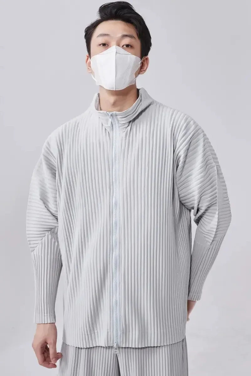 Miyake Men's Pleated Jacket Long Sleeve Standing Collar Fold Jacket Coat High Collar Zip Sweatshirt 2025 Spring Summer New Tops