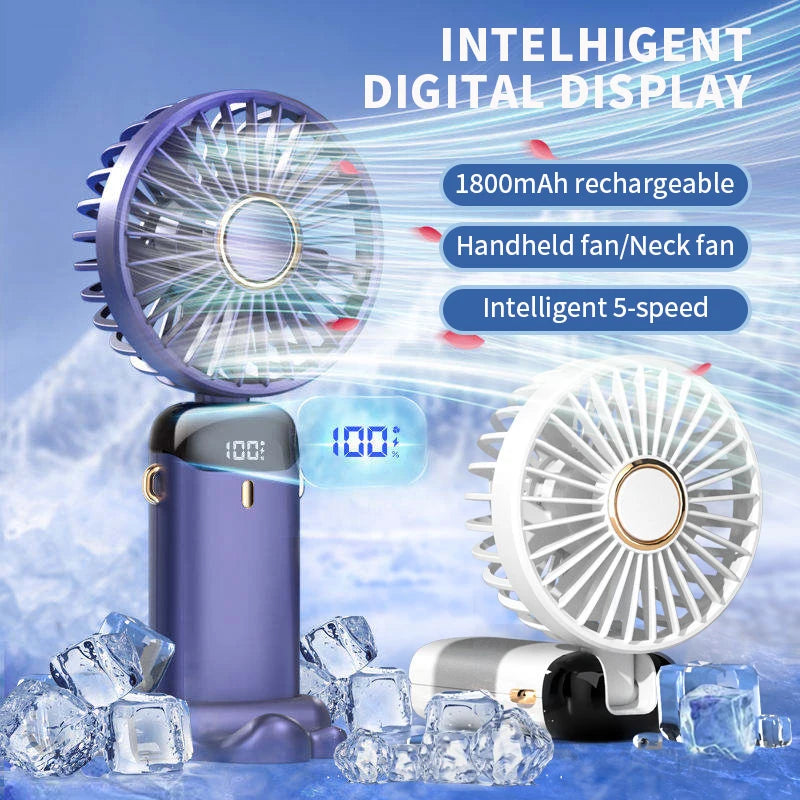 Portable Neck Fan with LED Display & Phone Stand – 1800mAh Rechargeable