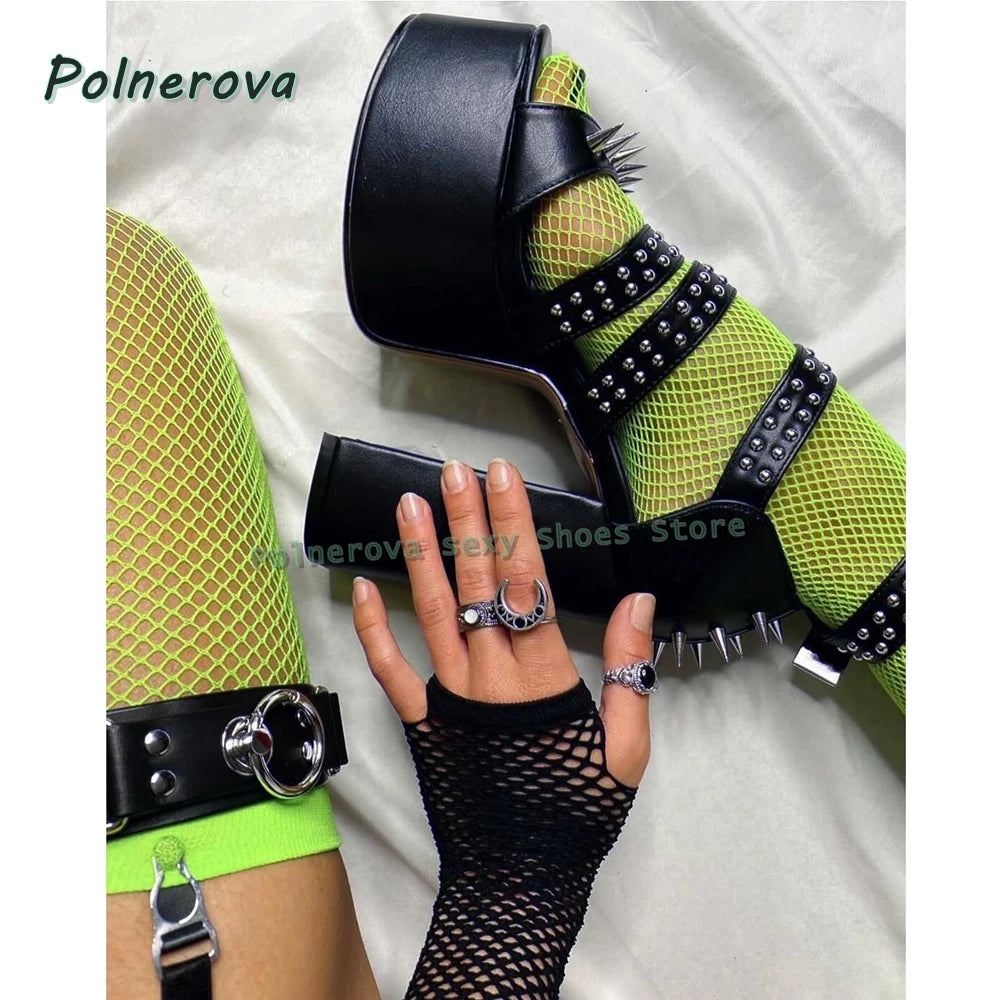Black Spike Stud Buckle Platform Sandals Women's Solid Punk Chunky