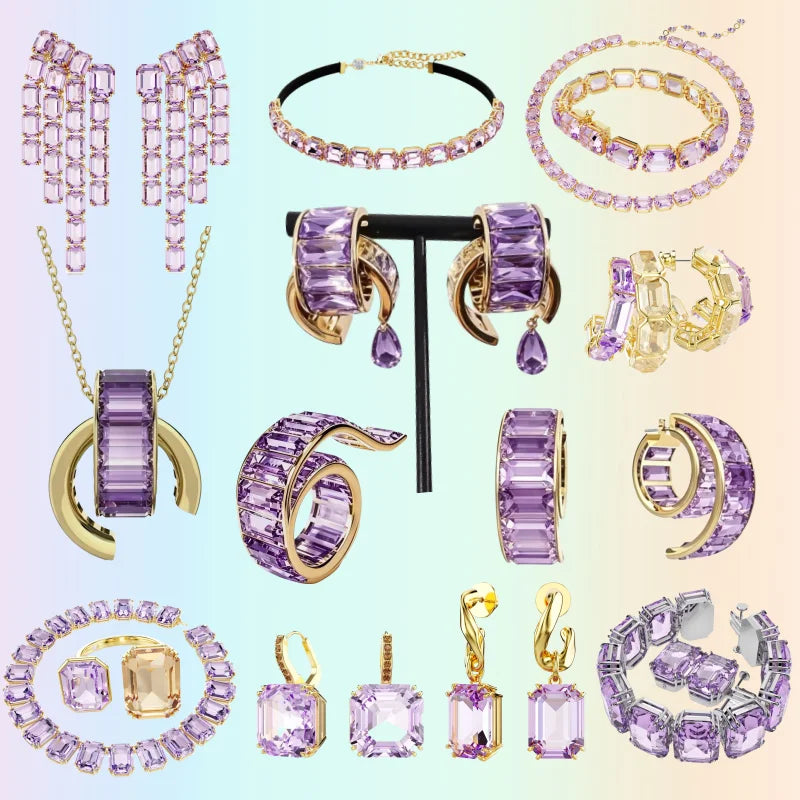 Purple Crystal Series Earrings Spiral C-Ring Necklace Ring