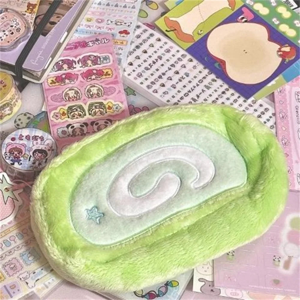 INS Melon Swiss Roll Green Plush Pencil Case Bag Creative Stationery Storage Bags Large Capacity Desk Organizer for Students