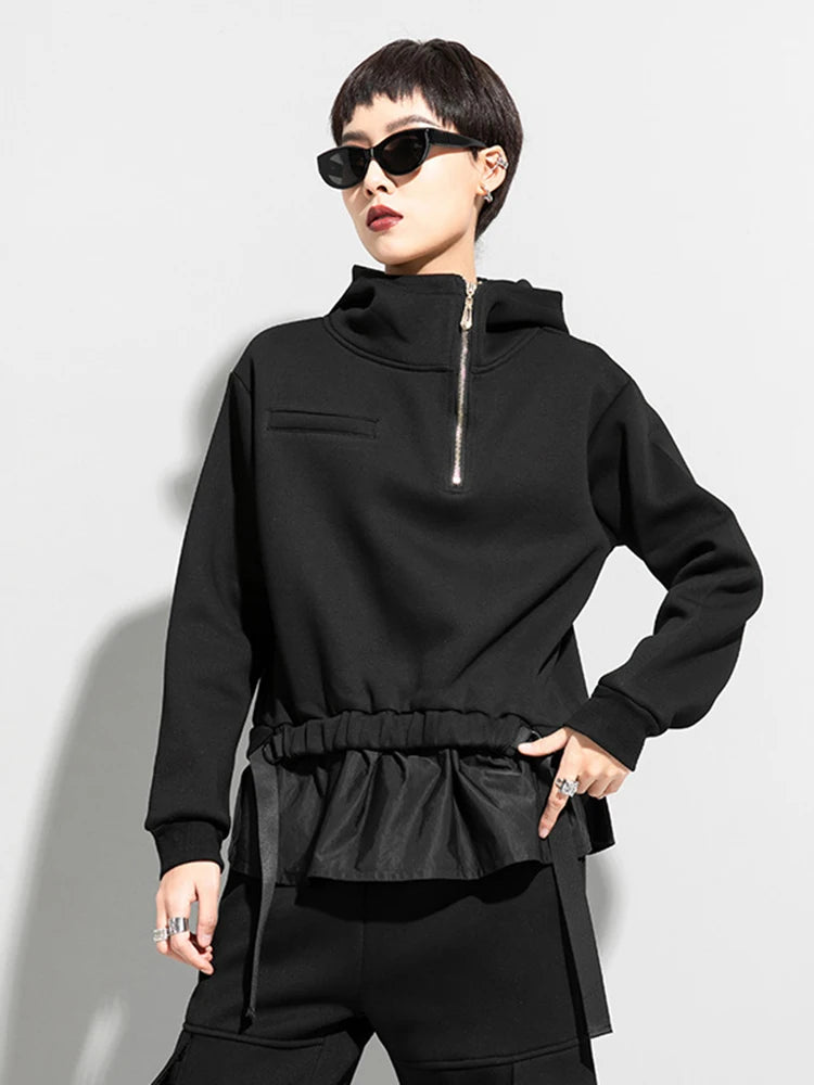 [EAM] Loose Fit Ruffles Spliced Sweatshirt New Hoooded Long Sleeve Women Big Size Fashion Tide Spring Autumn 2026 1DD2569