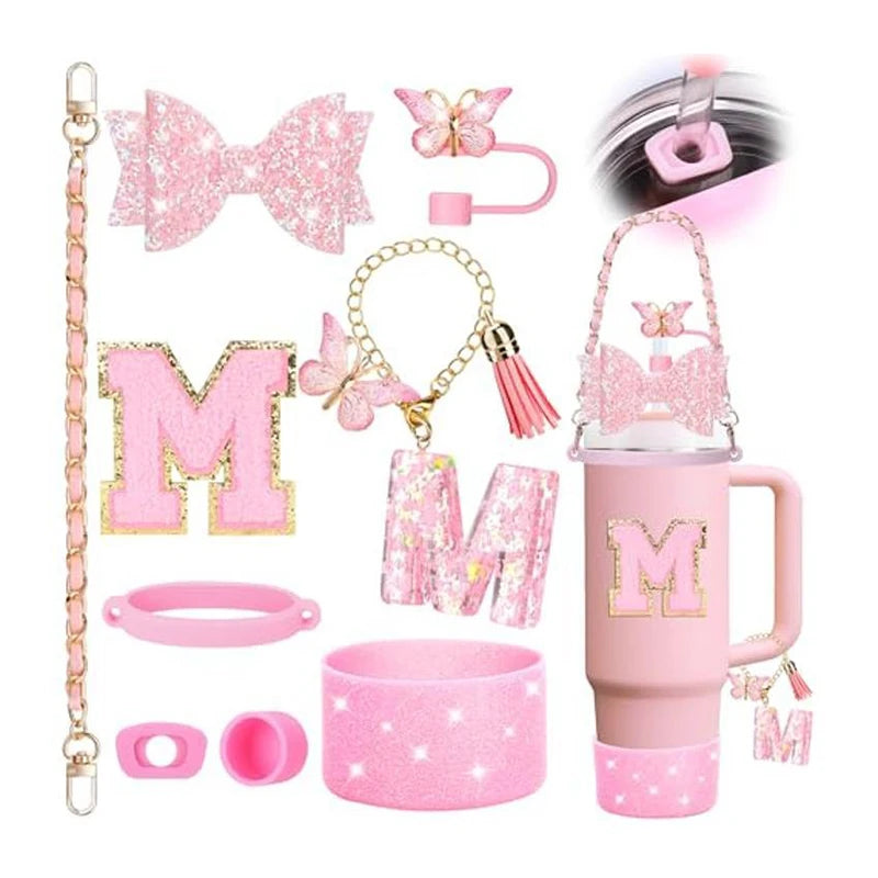 9PCS Set Bling Pink For Stanley Cup Cute Bow Letter Decoration 30oz 40oz Cup Spill Proof Stopper Keychain Handle Cup Accessoriy