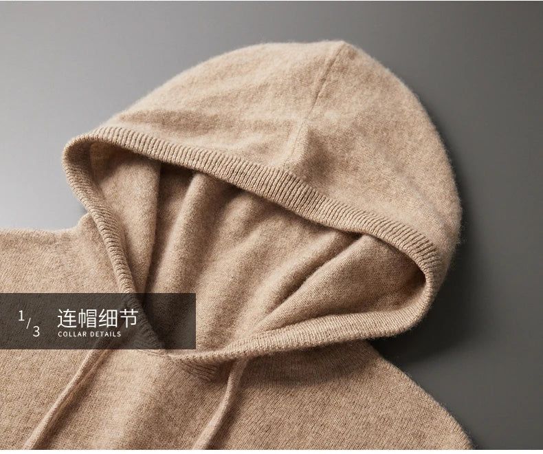 MVLYFLRT Men's 100% Merino Wool Sweater Hooded Collar Knitted Pullover Sweatshirt Autumn Winter Casual Large Tops Long Sleeved