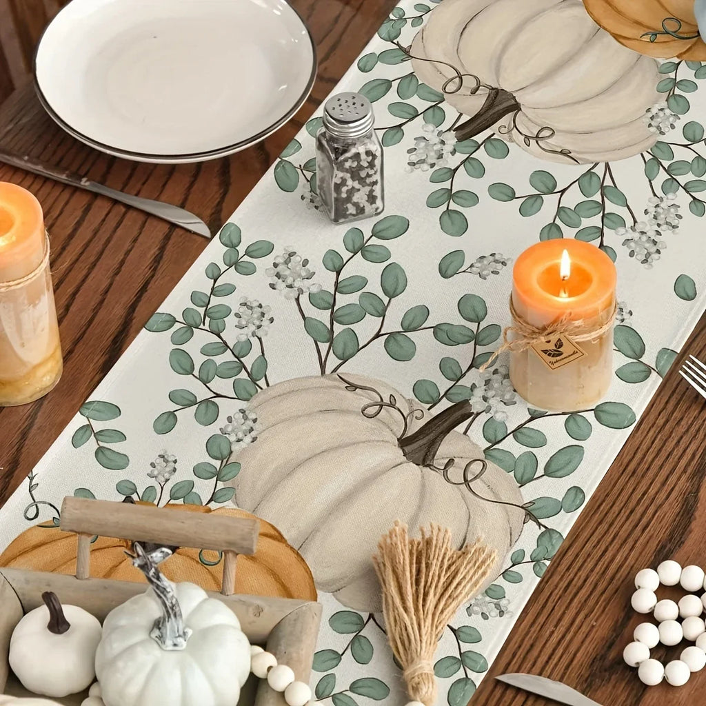 Orange Pumpkins Eucalyptus Leaves Fall Table Runner, Autumn Thanksgiving Christmas Halloween Kitchen Dining Table Decoration