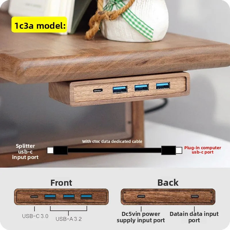 Black Walnut Wood USB Hub Under Desk Organizer Premium Desktop Riser Accessory with 3.0 Ports Multi-Device Charging Station