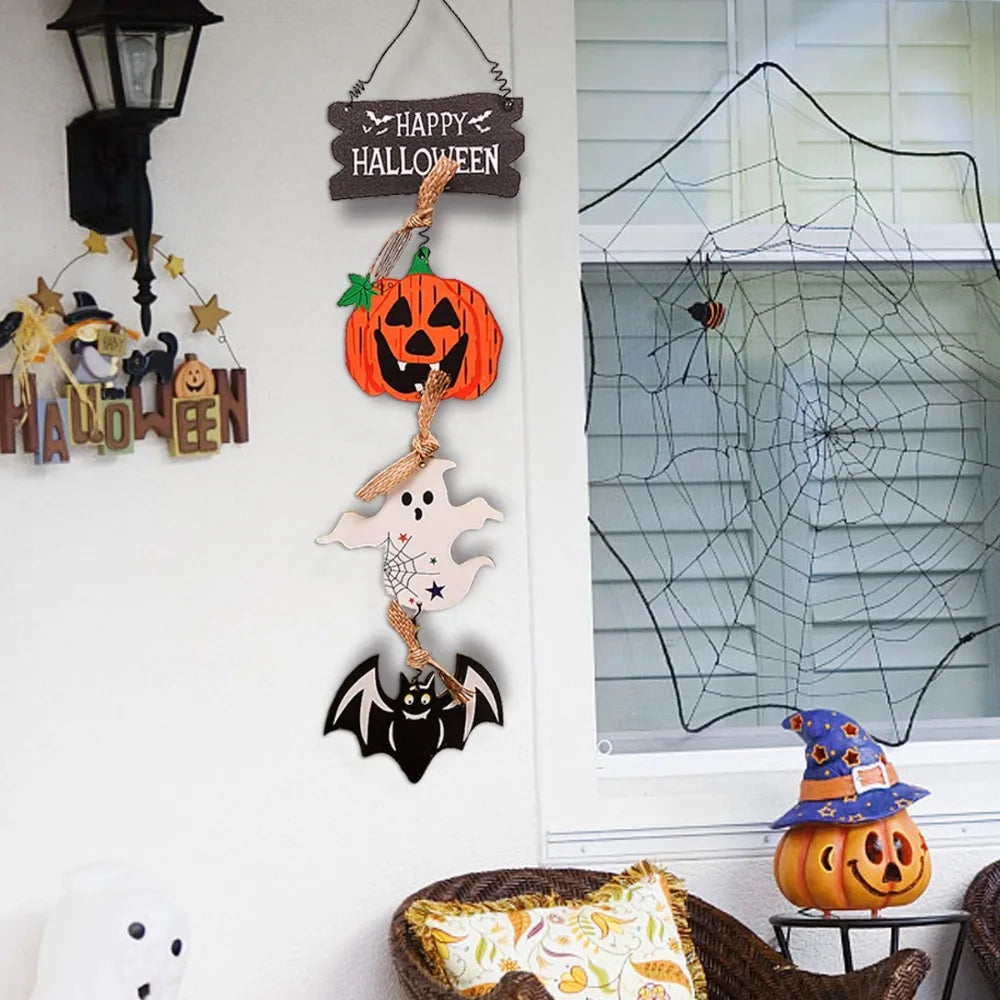Halloween Wooden Door Sign Pumpkin Ghost Bat Trick or Treat Doorplate Horror Props Happy Halloween Door Hanging Pendents