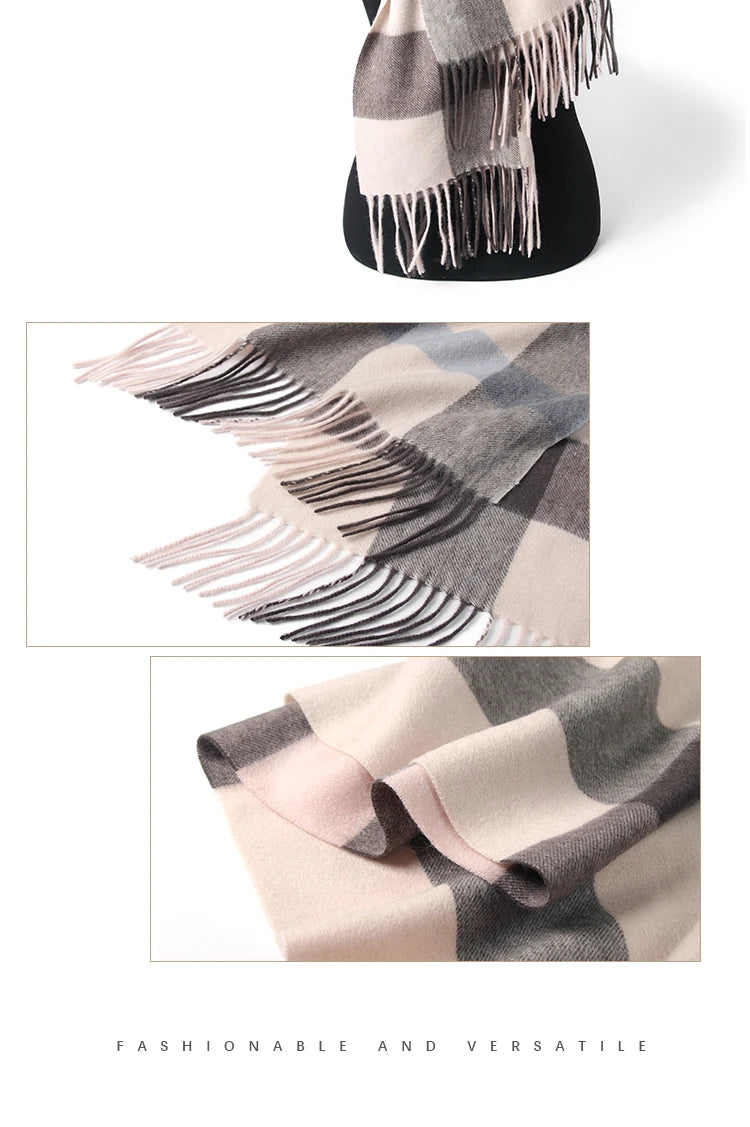 LONGMING 100% Merino Wool Knitted Shawl New Women Autumn Fashion Classic Plaid Solid Scarf Winter Warm Knottable Muffler for Man