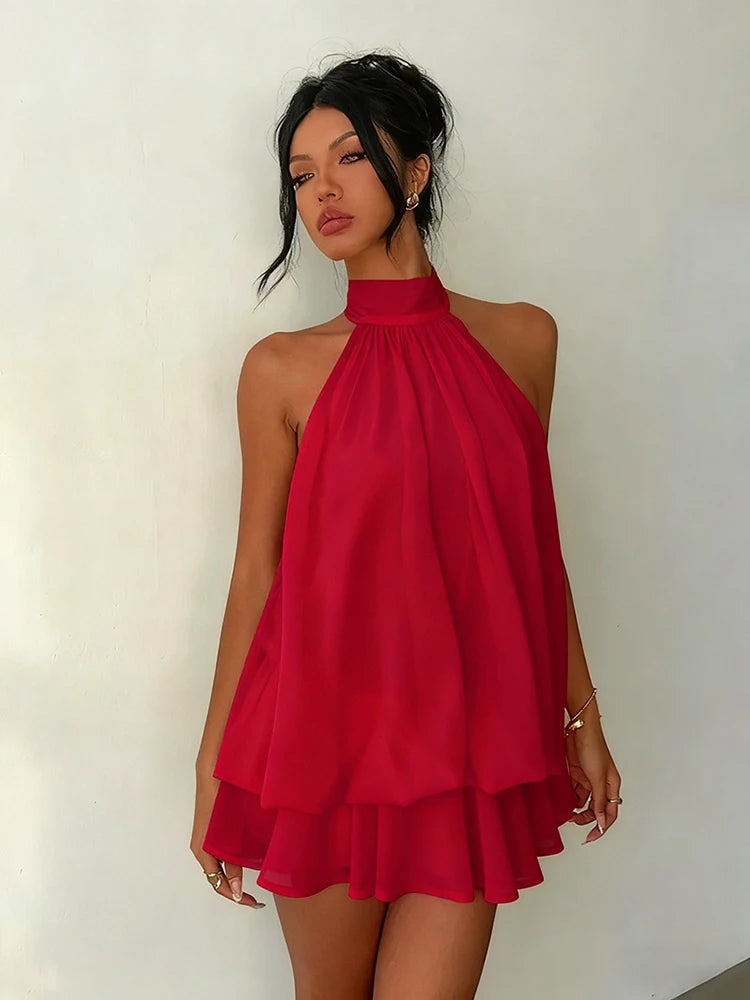 Women Halter Neck Backless Tie Mini Dress Summer Sleeveless