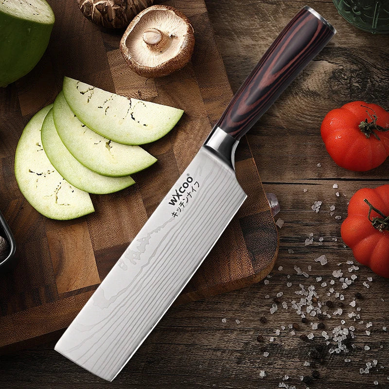 WXCOO Japanese Knife Set with Knife Bag Kitchen Knives Damascus Laser Fish Fillet Meat Cleaver Fruit Peeler Santoku Cutter