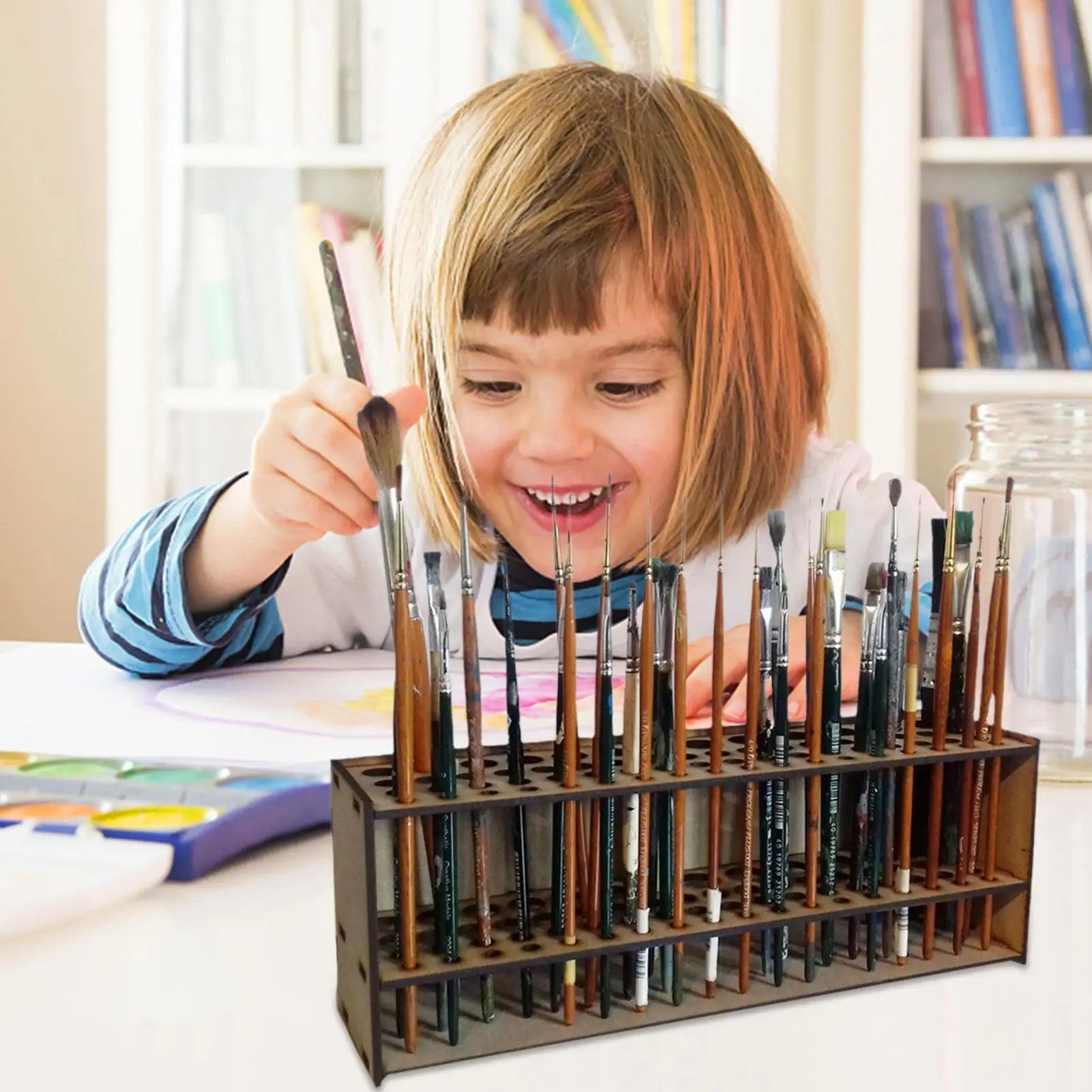 25CM Wall Wooden Brush Holder 67-Slot Premium Double-layer Durable Artist Desk Organizer Pencil Paint Brushes Storage Art Craft