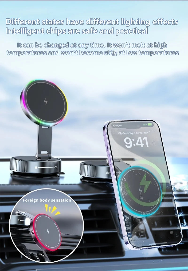 Magnetic Car Wireless Charger RGB Light Phone Holder Stand 360° Rotate Vacuum Suction Cup For Magsafe iPhone 12-16 Fast Charging