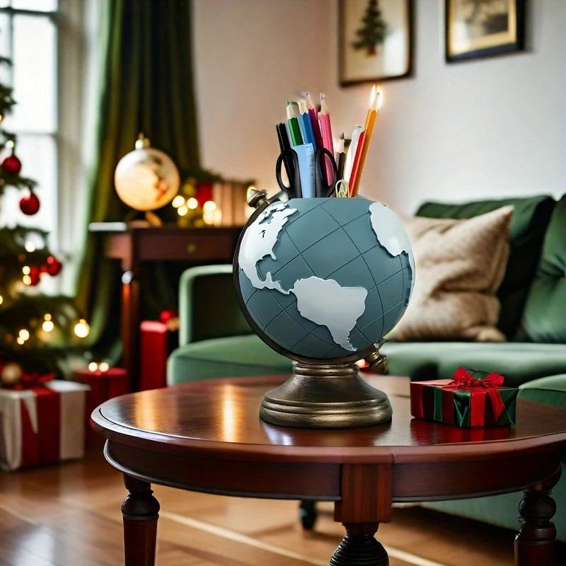 Creative Globe Pen Holder Resin Desk Organizer for Office and Home Decor Unique Geographic Pen and Pencil Storage