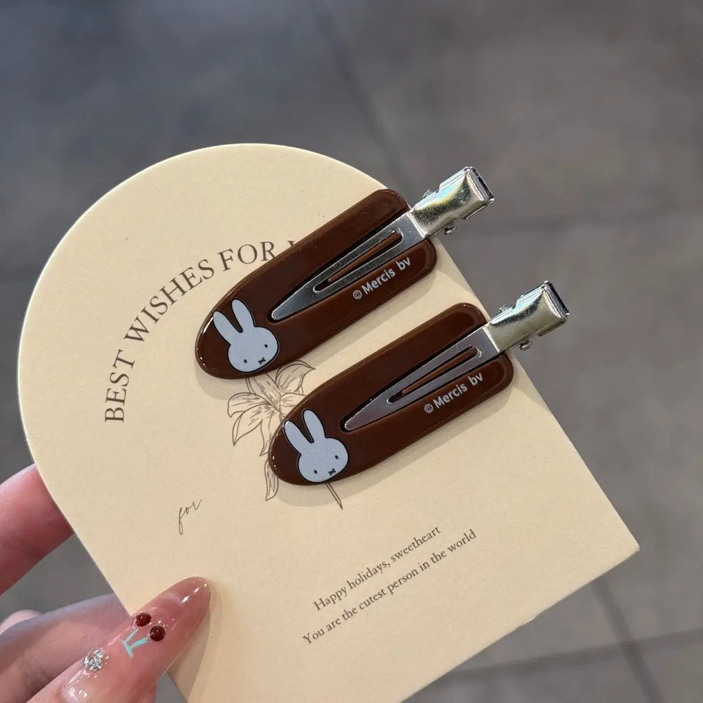 Kawaii Miffy Rabbit Hair Clip Coffee-colored Checkered Miffy Rabbit Traceless Clip Sweet and Retro Girl Cartoon Bangs Clip