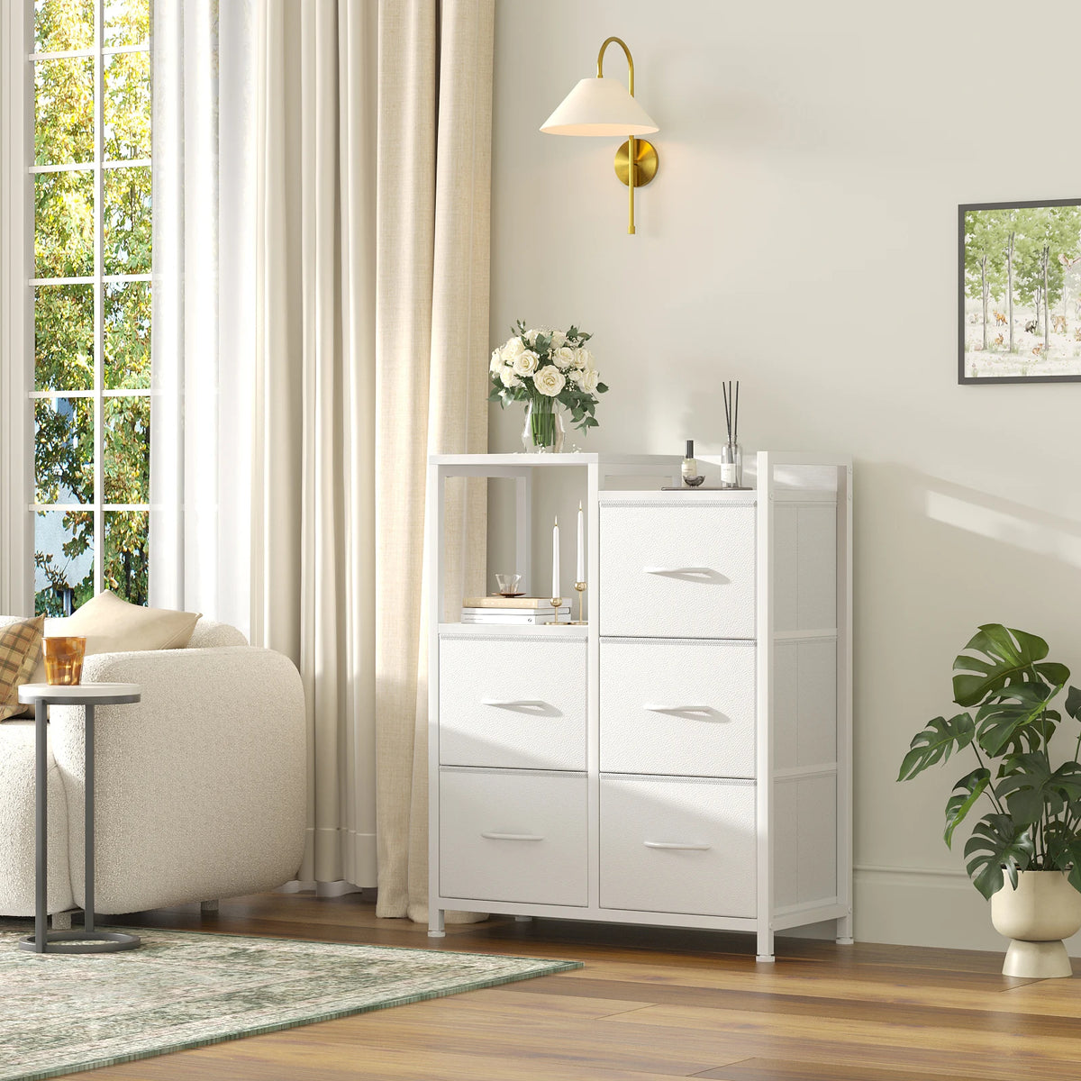 JHK 5 Fabric Drawer Chest with Raised Shelf Metal