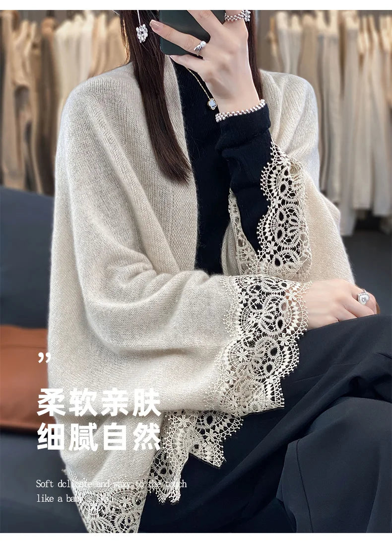 Popular Lace Edge 100% Wool Knitted Shawl Spring Autumn Thin Women's Soft, Skin friendly, Breathable, and Fashionable Cardigan