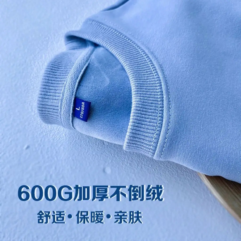 600G Pure Cotton Plush Thickened Sweatshirt Thin Plush Heavyweight Solid Round Neck Sweater Autumn Winter Warm Sweater