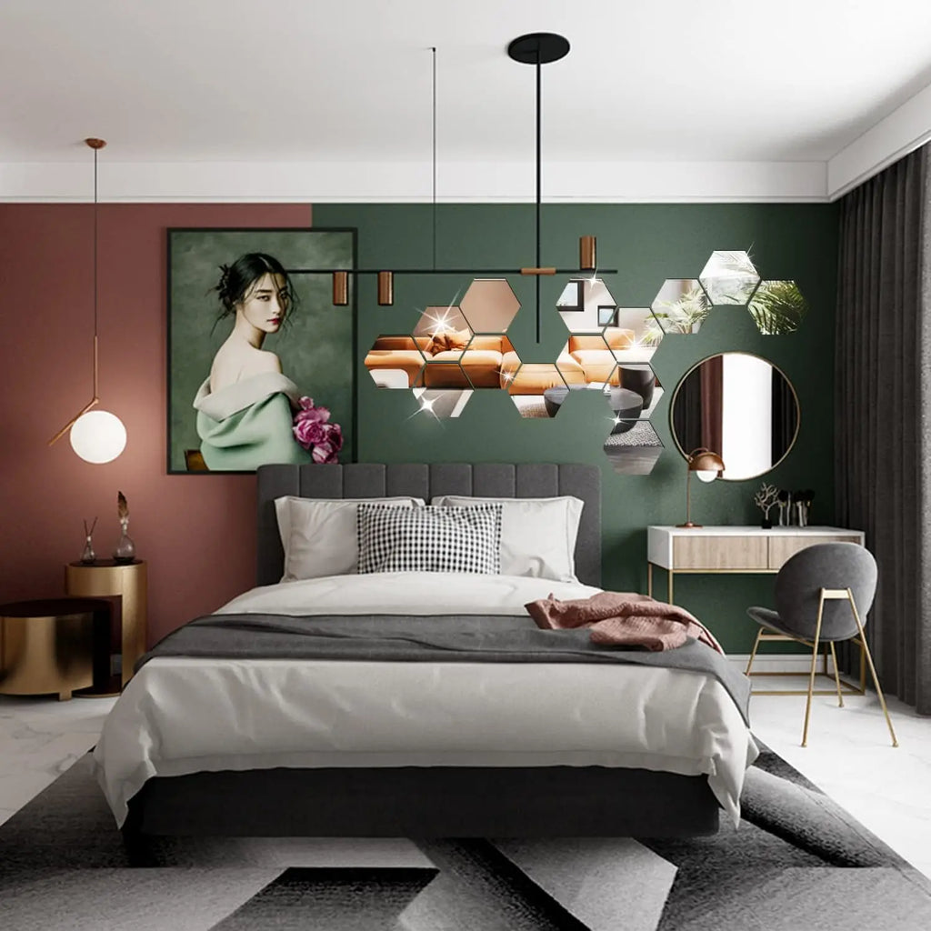 6/12pcs 3D Mirror Wall Sticker Hexagon Decal Home Decor DIY Self-adhesive Mirror Decor Stickers Art Wall Decoration 126mm Large