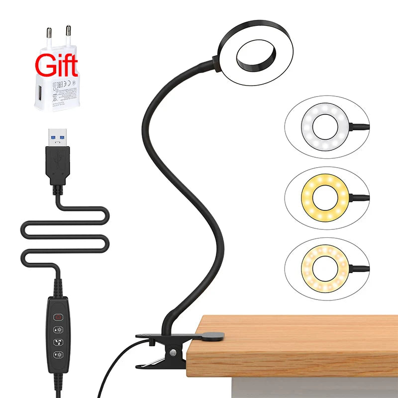 LED Desk Lamp Clip Light Rechargeable Dimmable Gooseneck Reading
