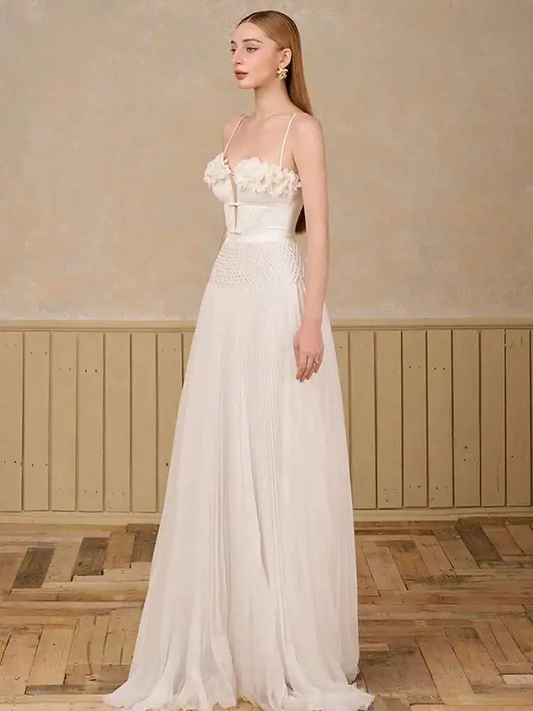 DEAT Elegant Dress Hollow Out Backless Camisole Pleated Flower