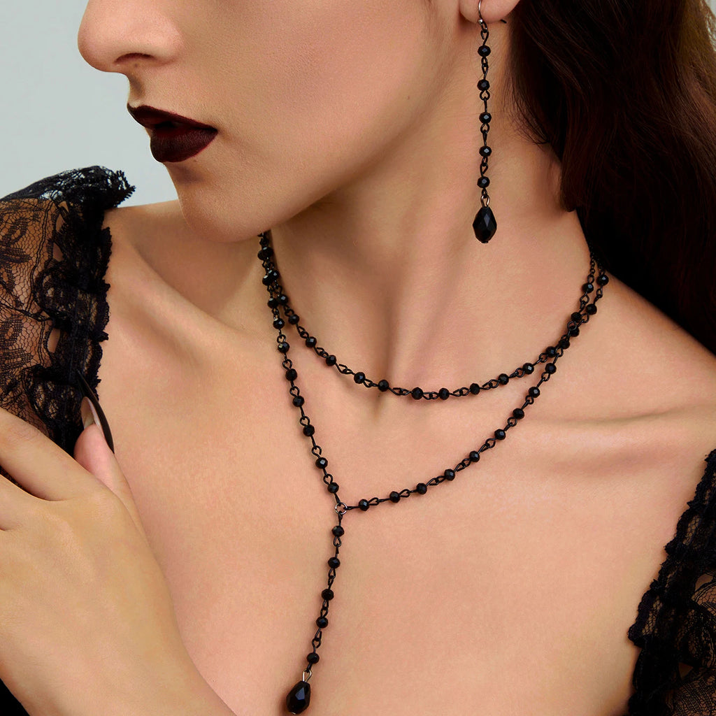 Ingemark Goth Black Imitation Crystal Chain Necklace Drop Earrings for Women Vintage Cross Jesus Moon Pendant Choker Jewelry Set