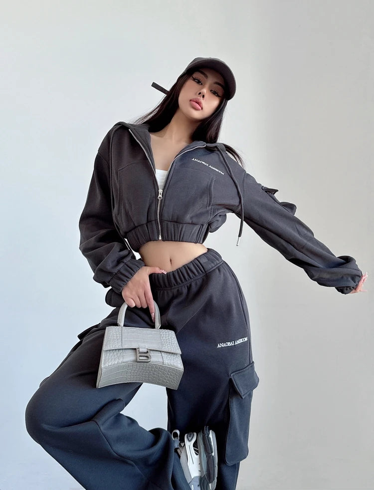 WOMENGAGA Short Zipper Sweatshirt Large Pocket Wide Leg Pants Two Piece Casual Plush Set For Winter Women Fashion Sweet 2PTB