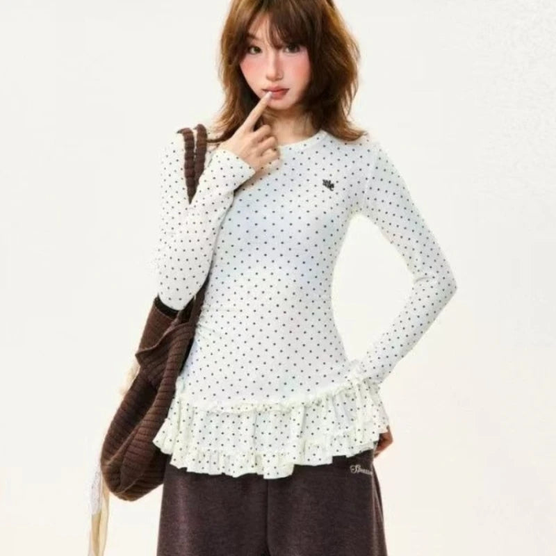 Harajuku Cute Print T-Shirts Women Beige Polka Dot Ruffle Hem Tees