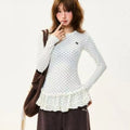 Harajuku Cute Print T-Shirts Women Beige Polka Dot Ruffle Hem Tees