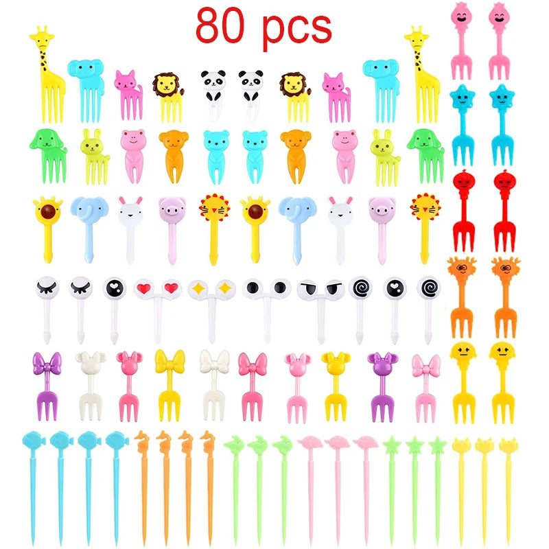 Mini Fruit Forks For Children Kids Cute Animal Food Picks Snack Toothpicks With Vegetable Cutter Set Silicone Lunch Box Dividers