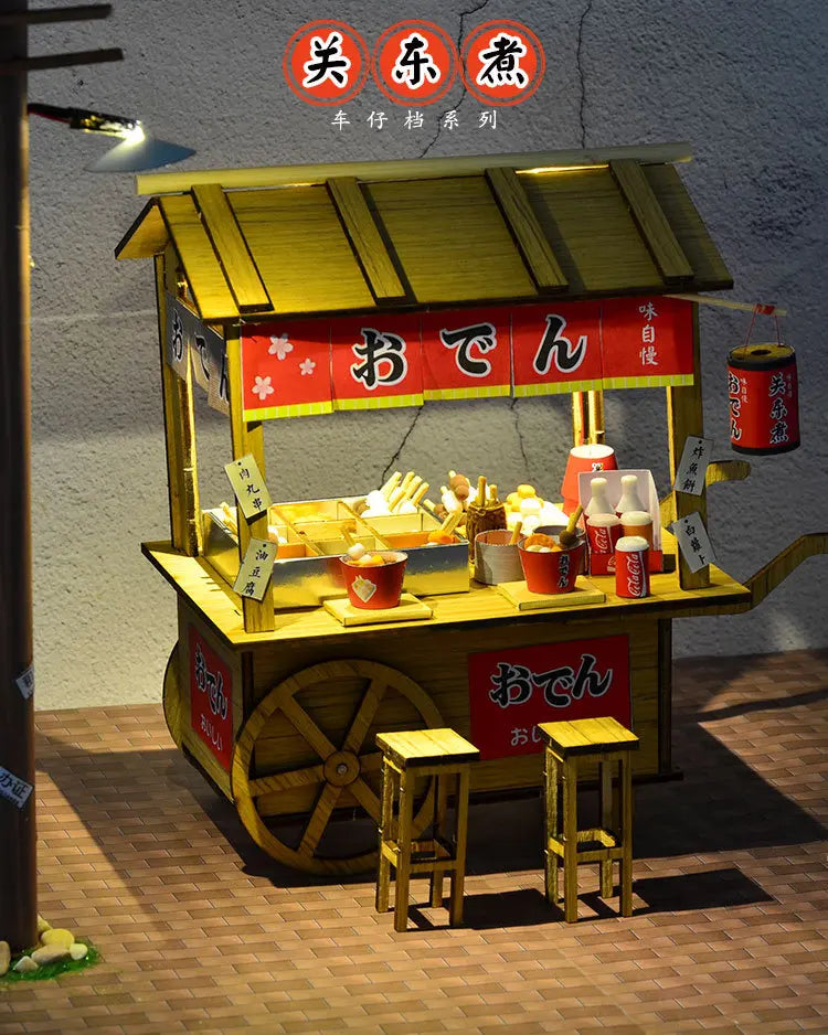 16 DIYJapanese Chinese style handmade wooden doll house Oden cooking car stall creative birthday gift collector decoration
