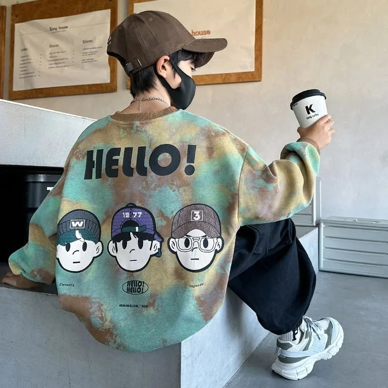 Boys' Mid-Large Size 2025 New Autumn-Winter & Spring-Autumn Long Sleeve Fleece-Lined Thickened Stylish Sweatshirt