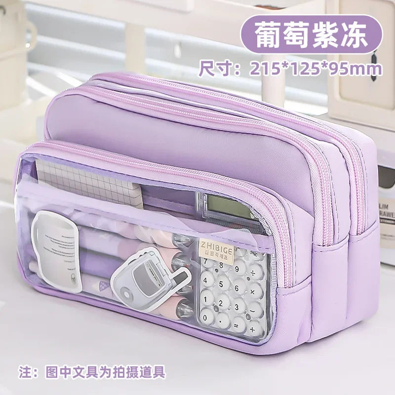 Kawaii Pencil Bag Large Capacity 3 Compartments Pencil Case Pen Pouch Desk Organizer School Supplies Cute Korean Stationery