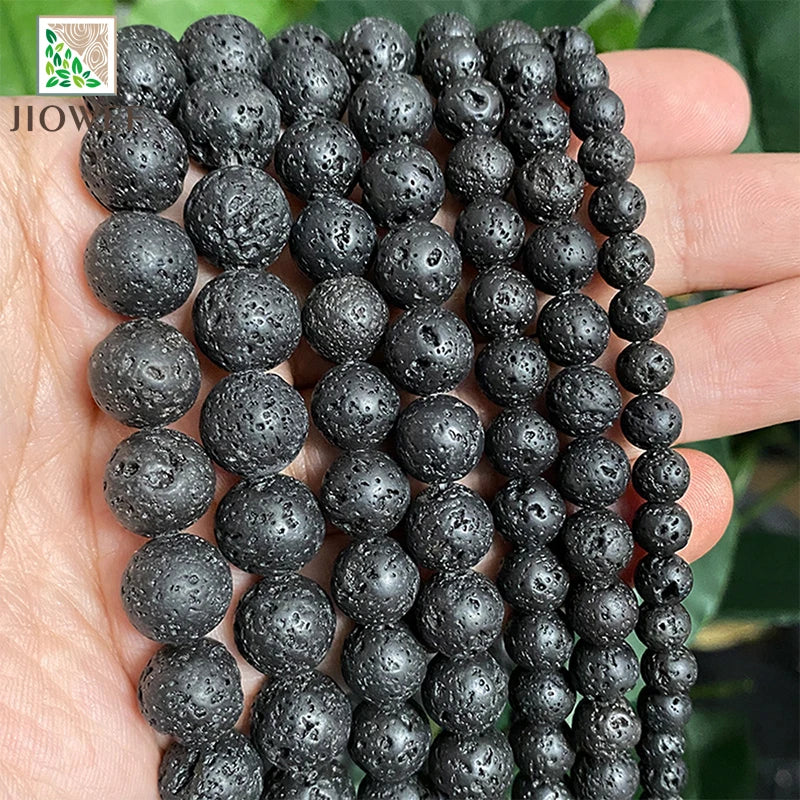 Natural Black Volcanic Lava Stone Round Loose Beads For