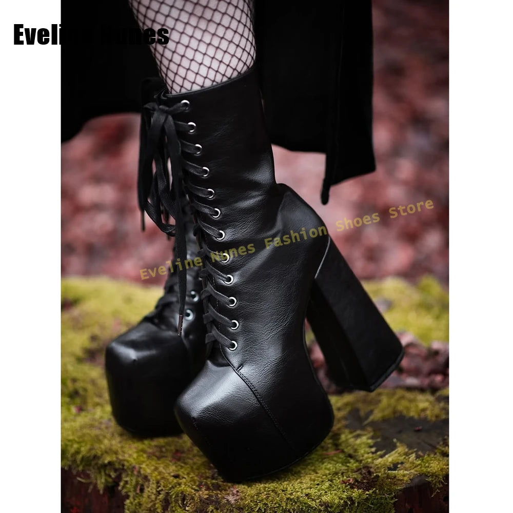 Platform Lace-Up Y2K Mid-Calf Boots Round Toe Block Heels Solid