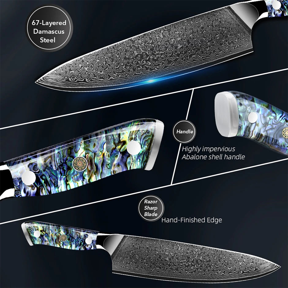 Damascus Knife Chef Knife Japanes VG10 67 Layer Steel Cleaver Paring Bread Knife Lasting Sharp Abalone Shell Handle Kitchen Gift