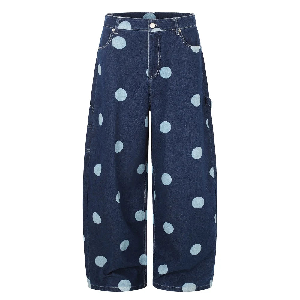 American Vintage Blue Polka Dot Jeans for Women Loose Wide Leg