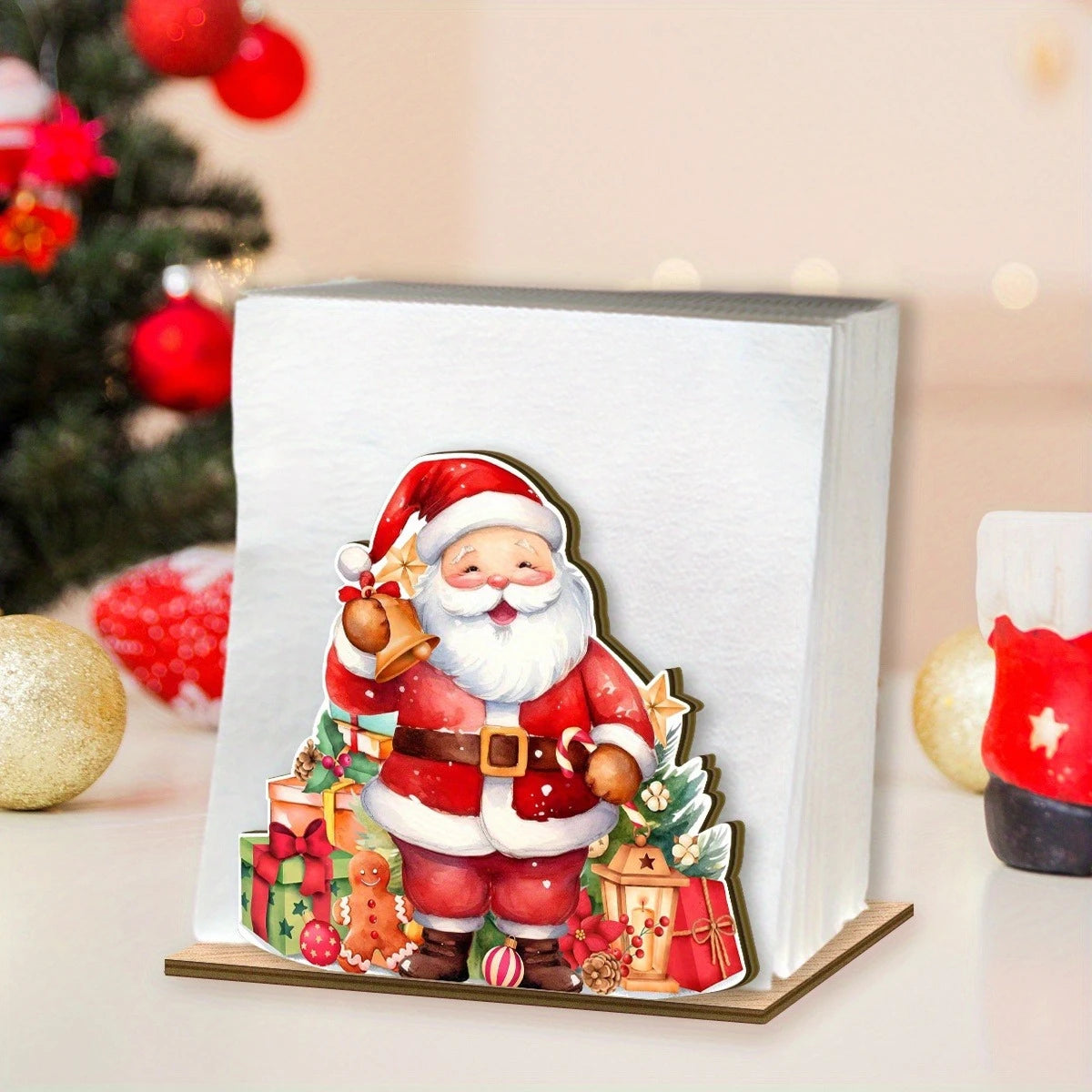 Santa Claus Wooden Napkin Holder Christmas Table Decor Desktop