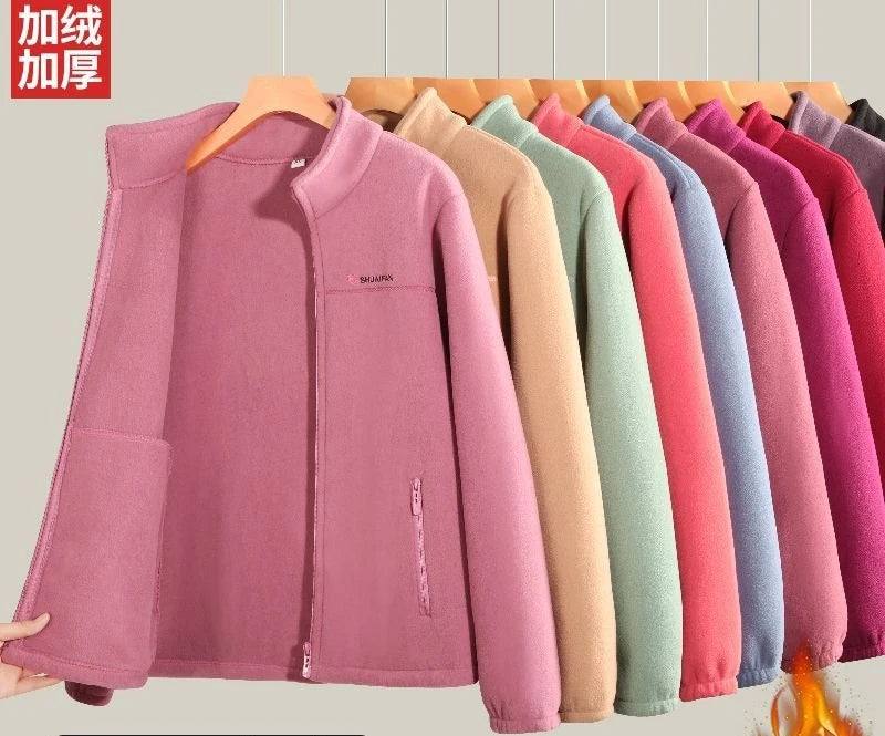 Women Thickened Fleece Winter Jacket Embroidery Zipper Thermal Plush Polar Fleece High Collar Cardigan Coats Outdoor Sweatshirt
