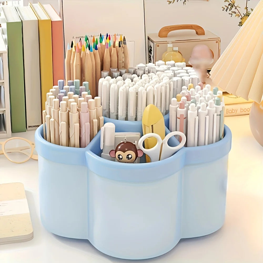 360° Rotating Desk Organizer, 6-Compartment Desktop Pen Holder, Plastic Office Supplies Storage Box for Desk, School and Home