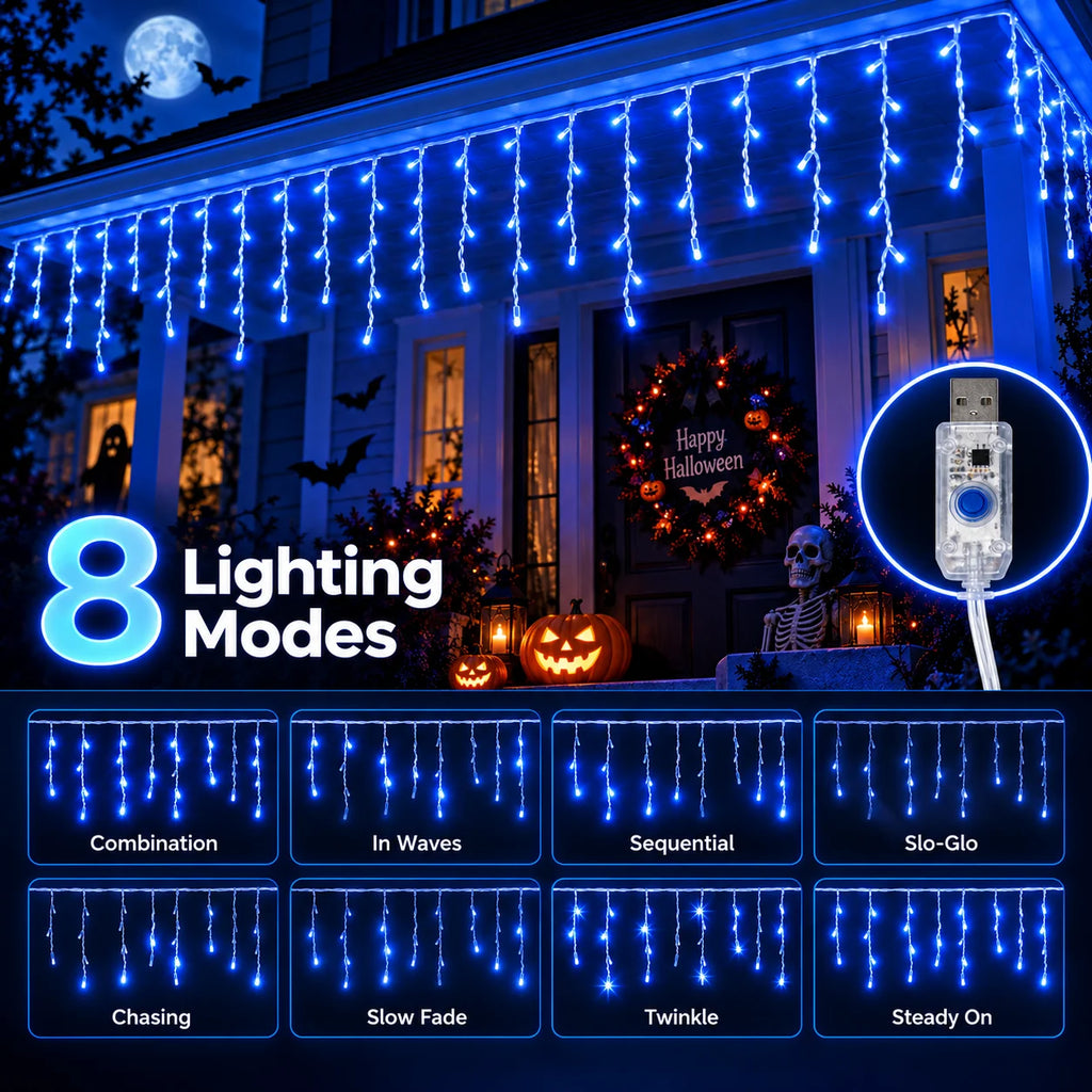 Halloween Blue Icicle Curtain Lights USB 6M/100LED 10M/200LED 8