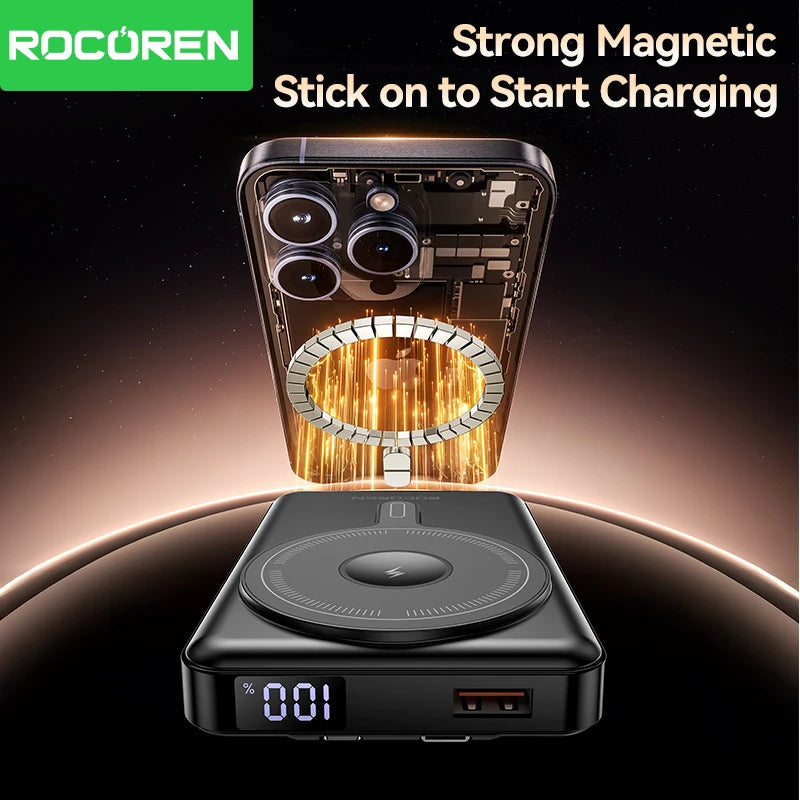 Rocoren PD 22.5W Fast Charging Power Bank 10000mAh Magnetic Wireless Charger for iPhone 16 15 14 Powerbank Built Charging Cables