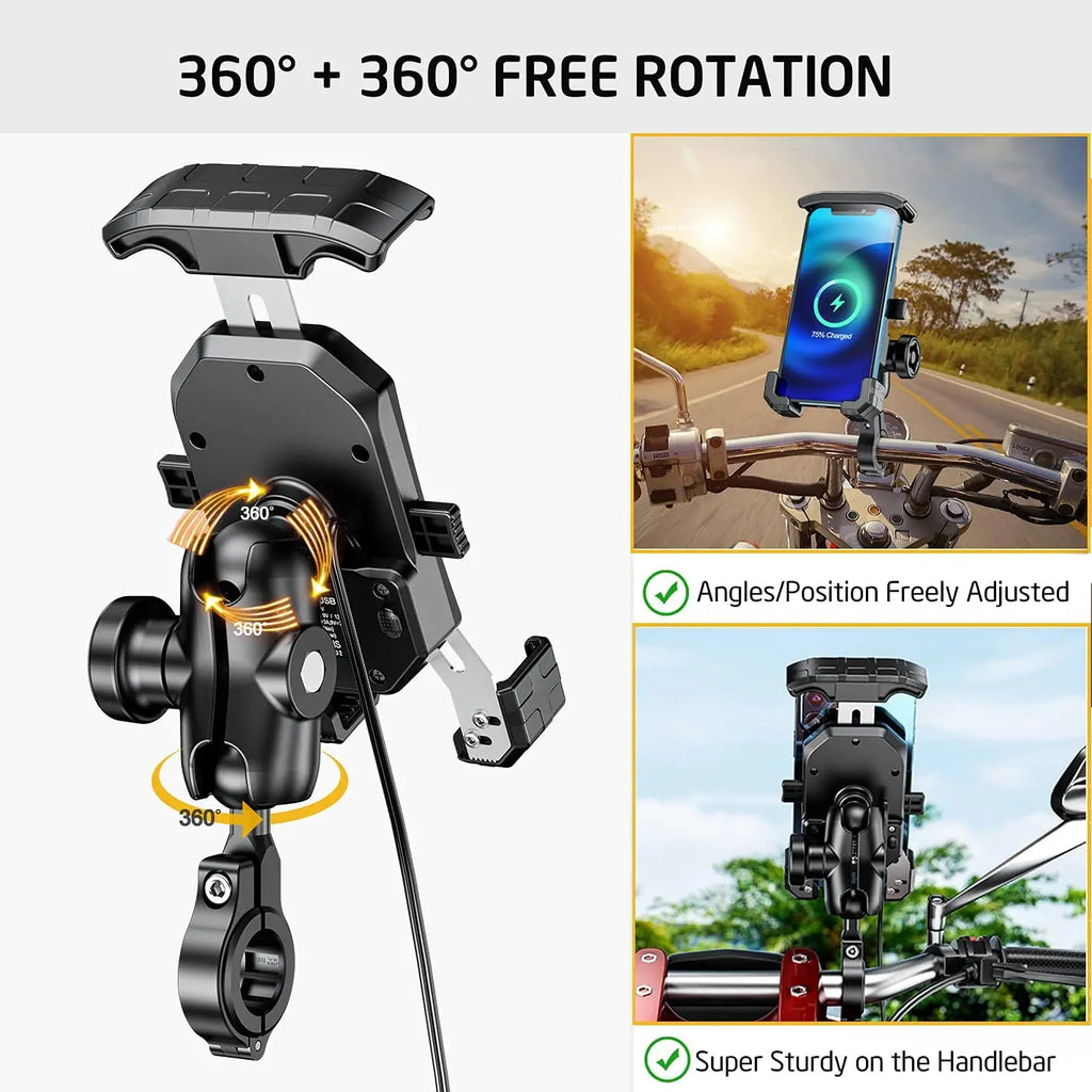 2022 Upgraded 12V Motorcycle Phone Holder 20W Type C PD Quick Charger 15W Wireless Charger Cradle Holder for 4.0-7.0" Cellphone
