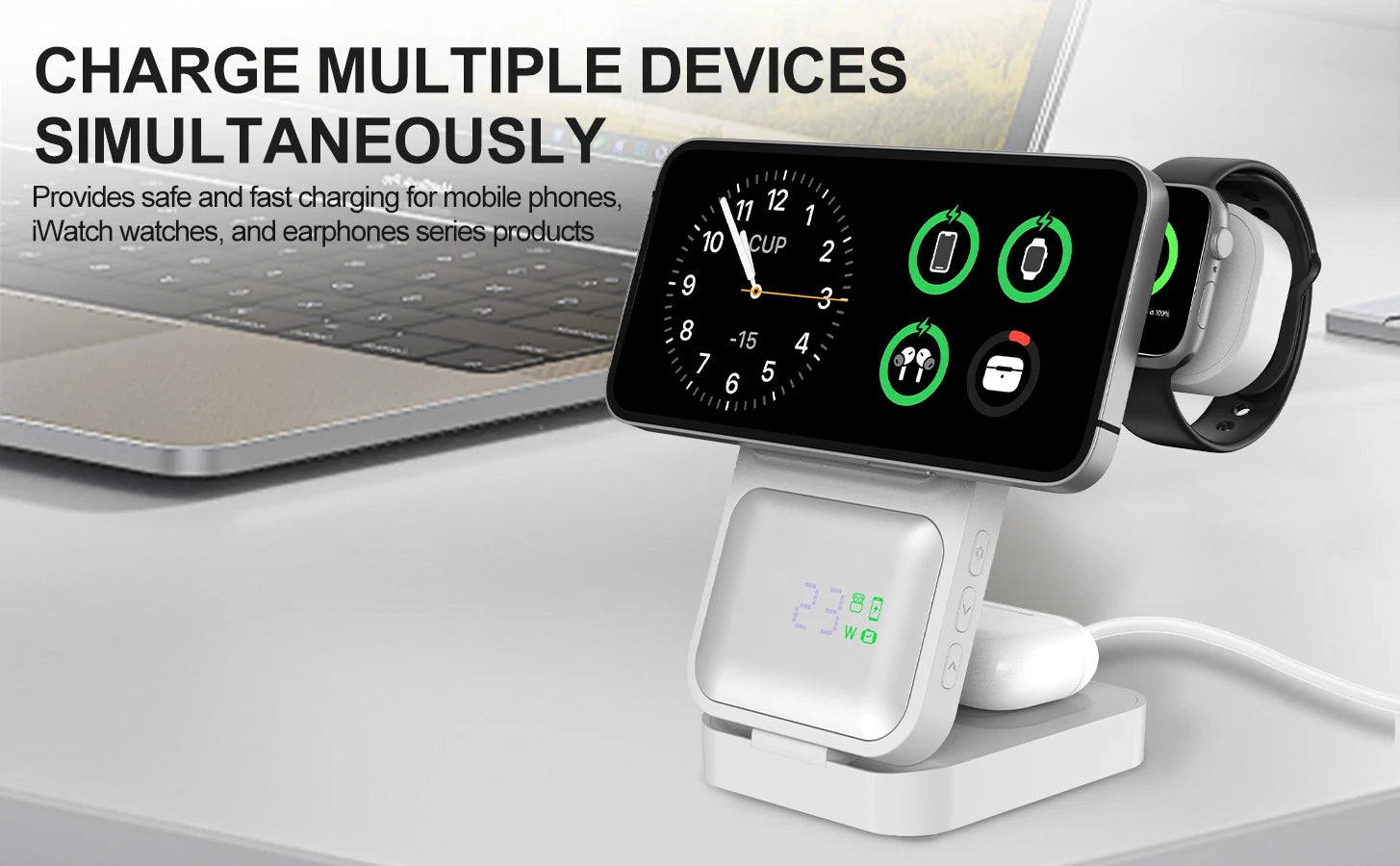 3in1 Foldable Wireless Charger Qi2 Multifunctional Stand Clock Wireless Charger Adapter Type-c Station For iPhone 16 15 Pro Max