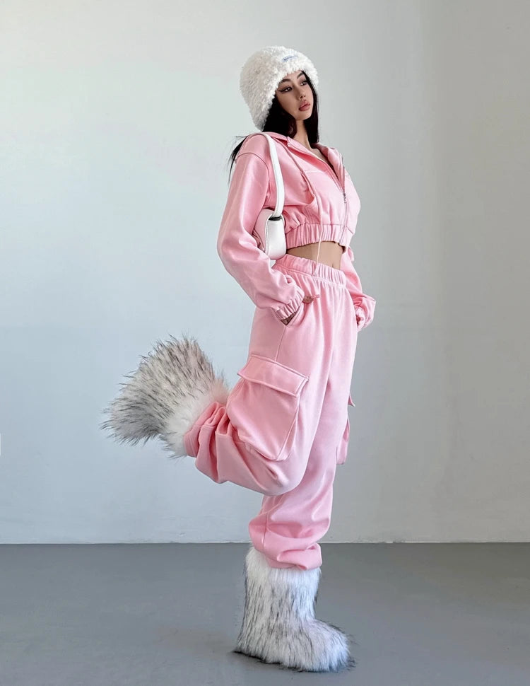 WOMENGAGA Short Zipper Sweatshirt Large Pocket Wide Leg Pants Two Piece Casual Plush Set For Winter Women Fashion Sweet 2PTB