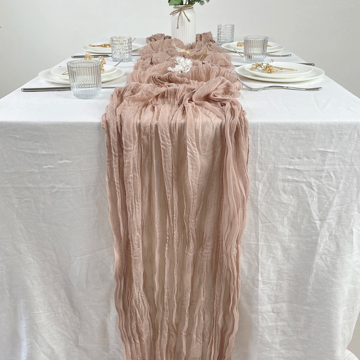 Wedding Pink Gauze Table Runner Semi-Sheer Vintage Cheesecloth Table Setting Dining Party Christmas Banquets Arches Cake Decor
